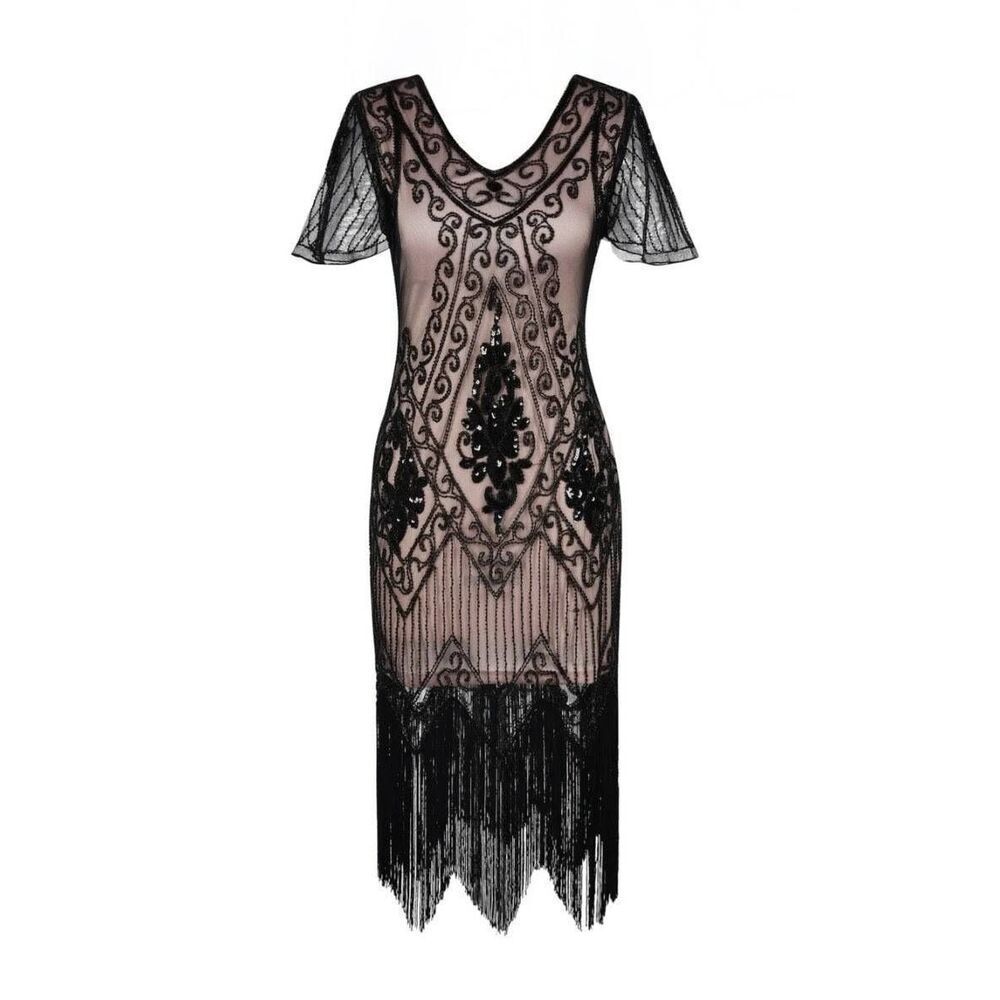 Pretty Guide Great Gatsby Flapper Dress Black Beige Women's Large NWT Art Deco